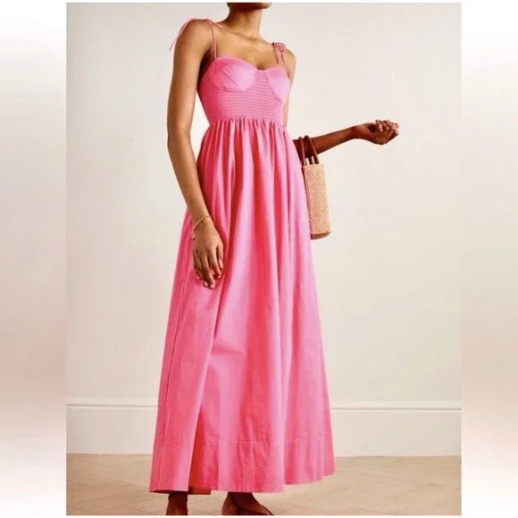 STAUD Landry Shoulder-Tie Smocked Maxi Dress L Wedding Guest Picnic Romantic